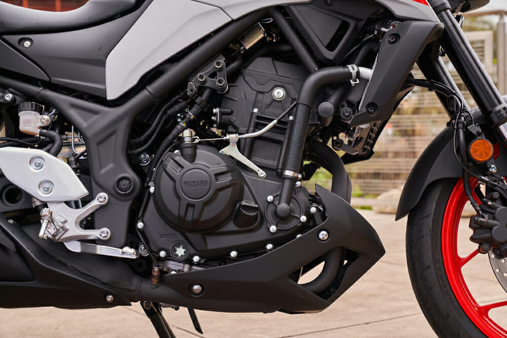 The 2020 Yamaha MT-03 has a 321cc parallel-twin motor.