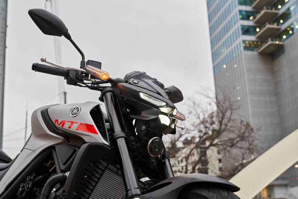 The LED lights on the 2020 Yamaha MT-03 look mean and tie the little bike into the family line with the MT-07, MT-09 and MT-10.