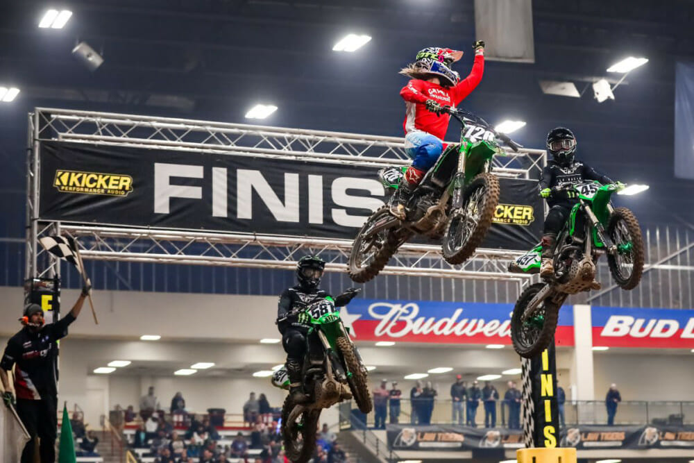 Privateer Gared Steinke crosses the finish line in the 250 Pro Main of the 2020 Amarillo Arenacross just ahead of Darian Sanayei (2nd) and Kyle Bitterman (3rd).