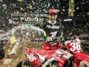 Phoenix Racing Honda Team rider Kyle Peters celebrating winning the 2020 AMA Arenacross National Championship title, Saturday night in Salt Lake City.