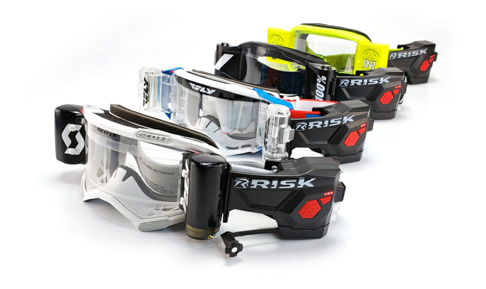 Risk Racing Ripper Automated Goggle Roll-Off System on multiple goggles