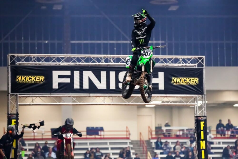 Team Babbitt's Darian Sanayei winning the 450 Pro Main on Saturday night at the Amarillo Arenacross.