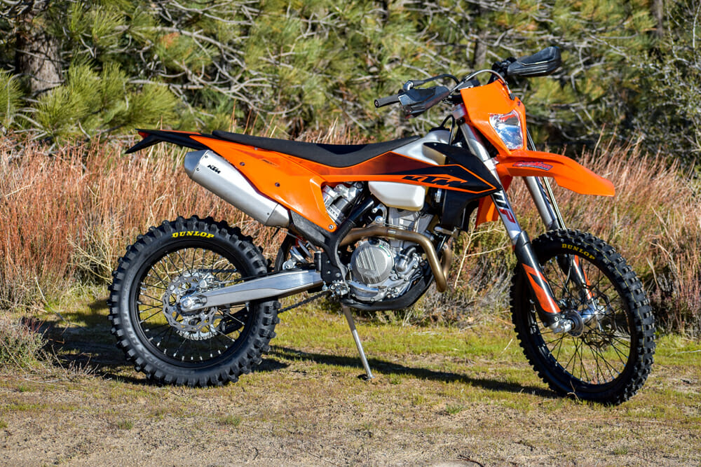 The 2020 KTM XCF-W has a little more engine tuneability and a little less weight compared to the street-legal EXC-F.