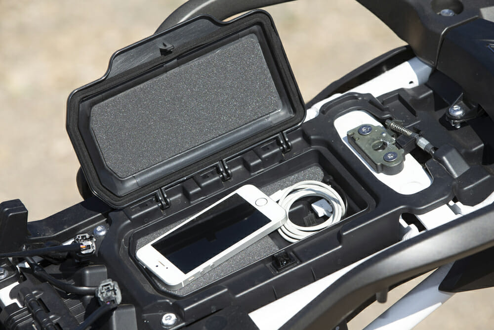 The 2020 Triumph Tiger 900 Rally Pro has a safe place to stow your phone.