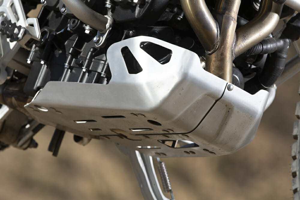 The skid plate on the 2020 Triumph Tiger 900 Rally Pro.