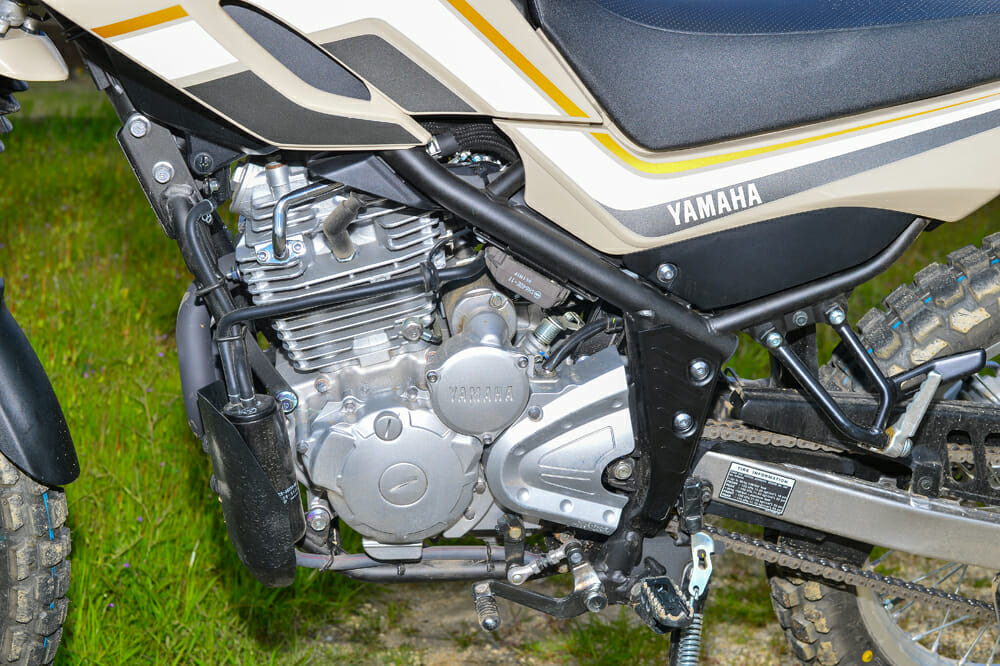 The 2020 Yamaha XT250 has a low seat height and fuel injection.