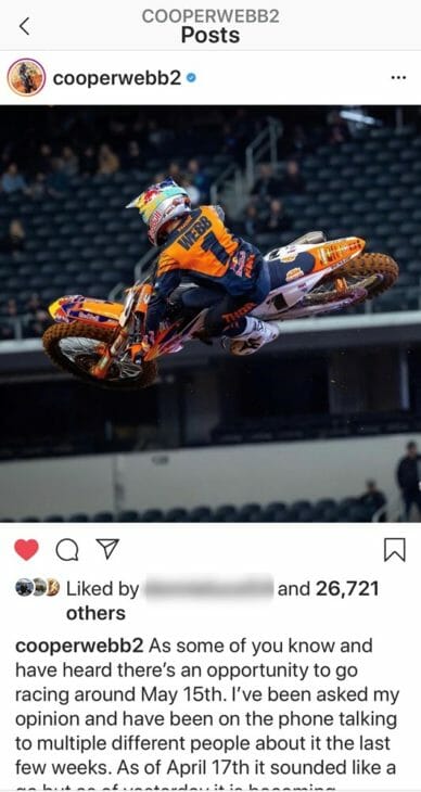 Cooper Webb Instagram post about returnign to Supercross in May or June b