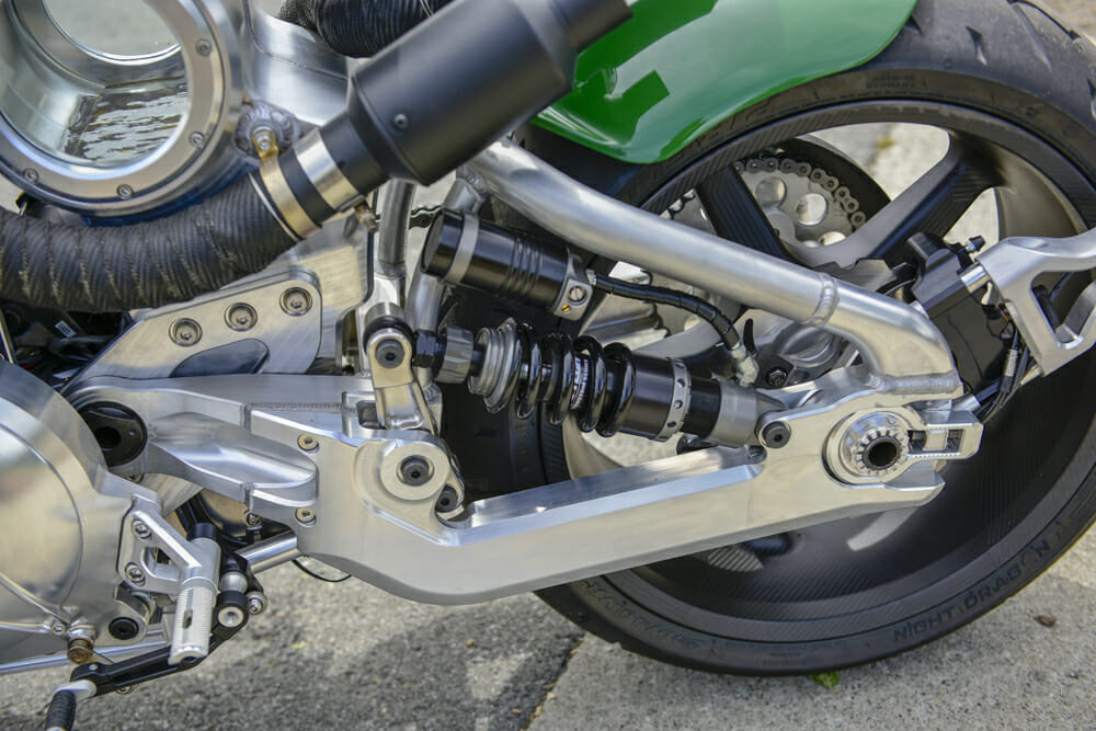The aluminum swingarm with the cantilever RaceTech monoshock on the Curtiss P40 Warhawk Final Edition offers two-speed compression and rebound damping.