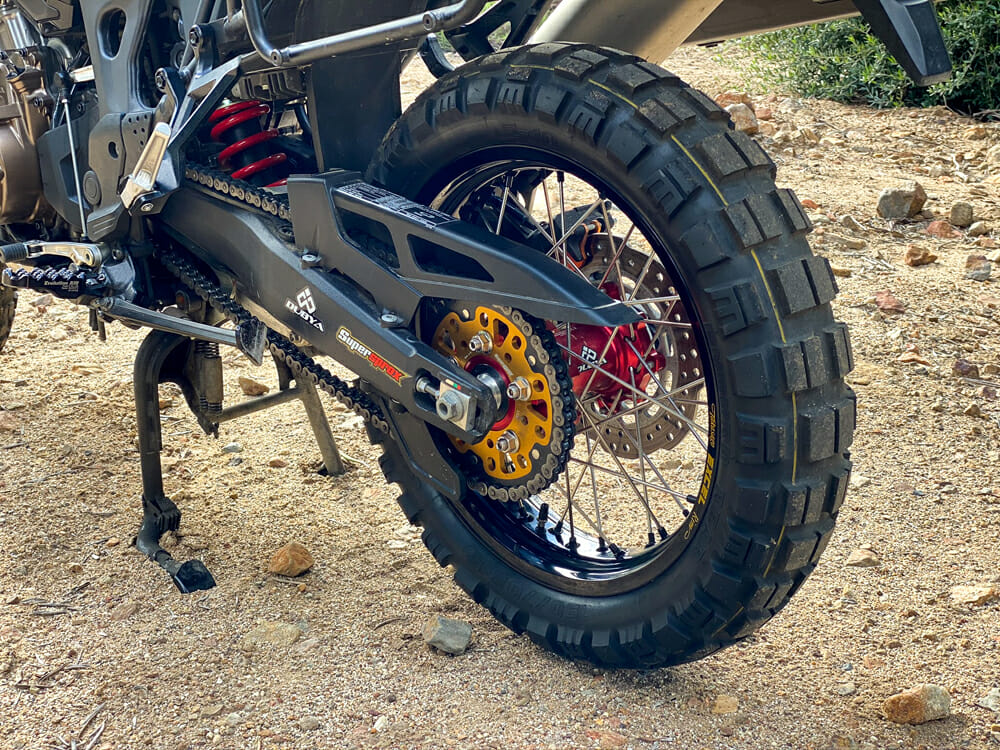 Dubya Honda Africa Twin wheels, closeup of rear