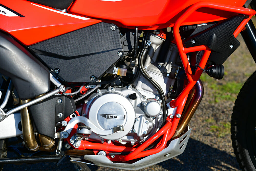 The SWM Superdual X’s motor is fuel injected and features dual exhausts.