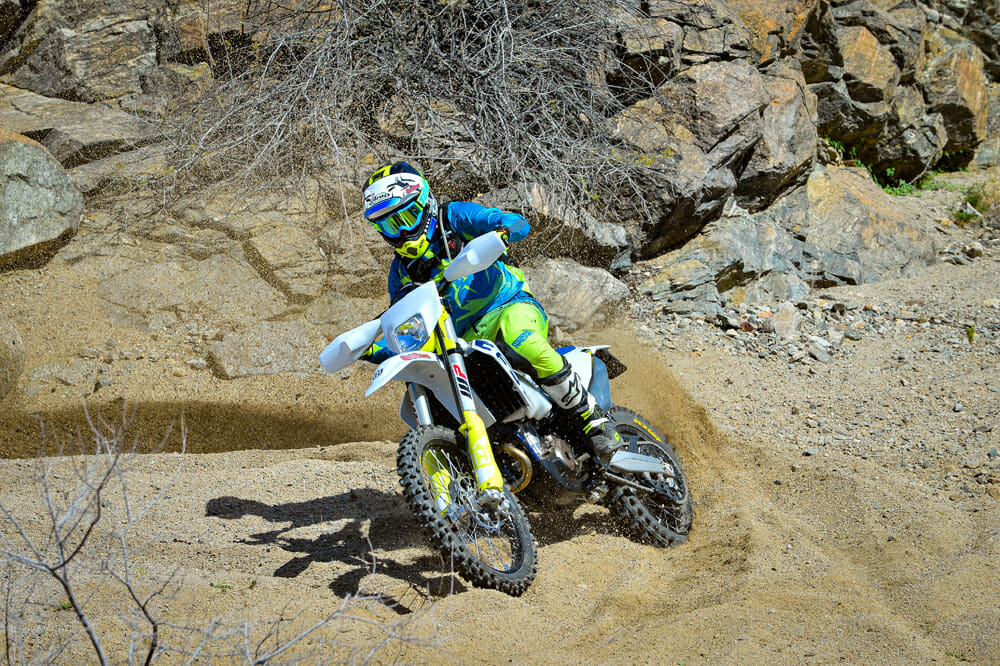 Deep sand isn’t a friend of the 2020 Husqvarna FE 350, but the 350 still produces enough power to get the job done.