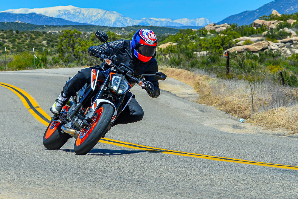 You can see in this shot of the 2020 KTM 890 Duke R how much ground clearance the 890 has. You’ll be able to lean this thing over for days.