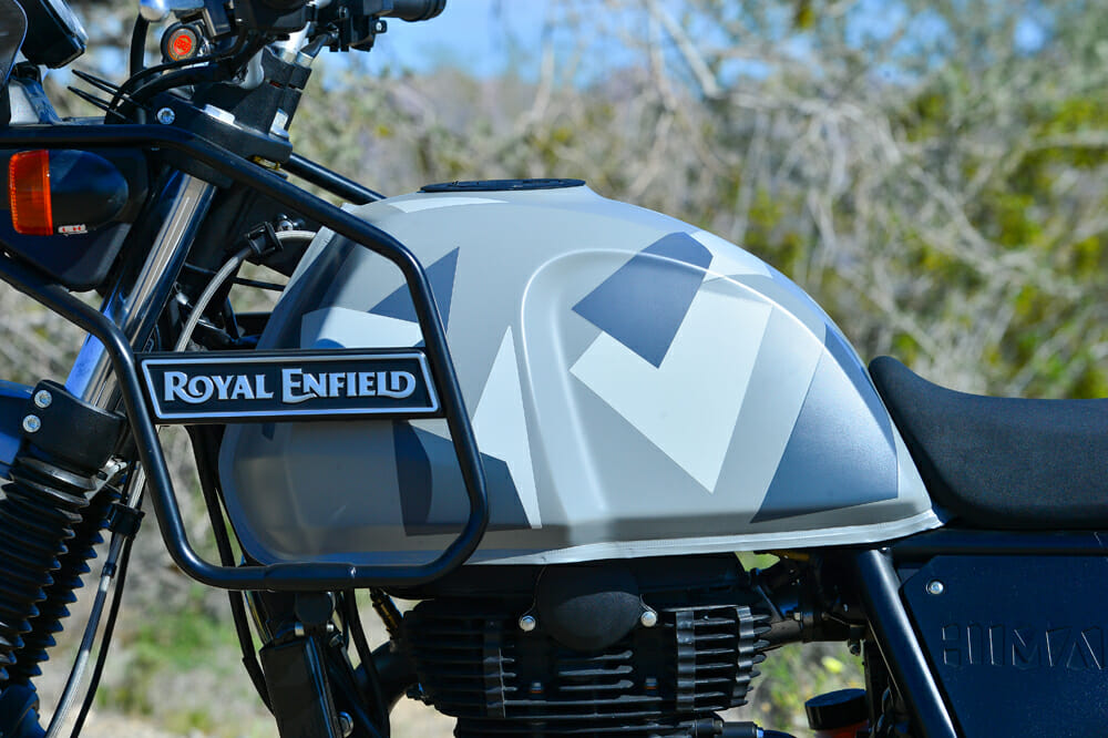 The 2020 Royal Enfield Himalayan's tank guard also doubles as a place you can strap auxiliary gas cans.