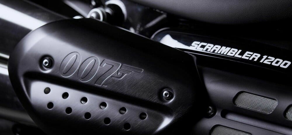 Along with all the blacked-out details, theBond Scrambler has a 007 TFT instrument startup screen, an Arrow silencer with carbon-fiber end caps and badging, and a leather seat with an embroidered logo.