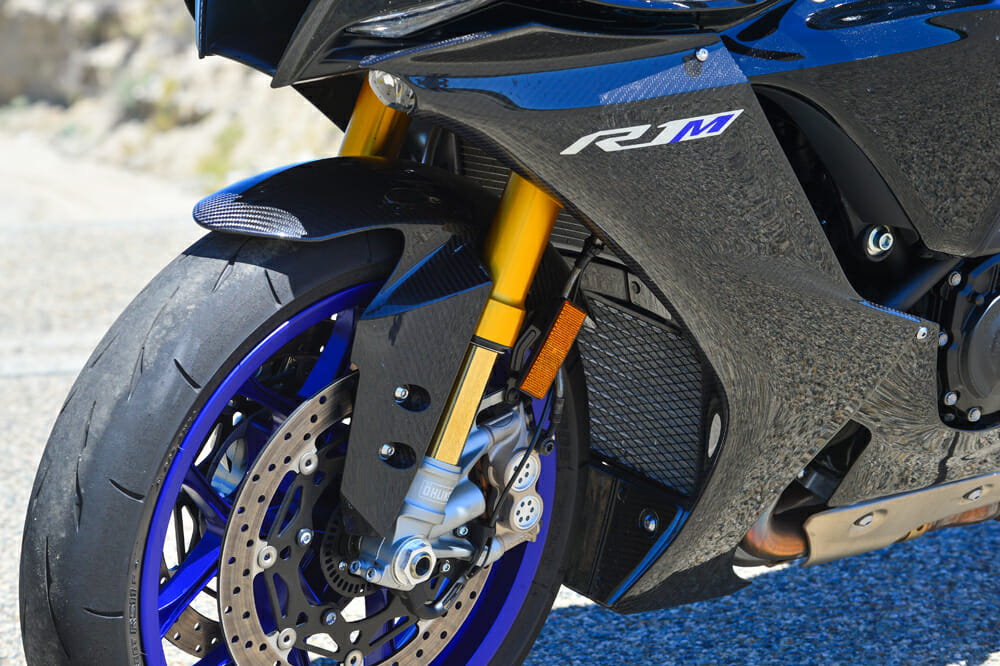 The 2020 Yamaha YZF-R1M has Ohlins gas-charged NPX-EC fork, a first for any production motorcycle.