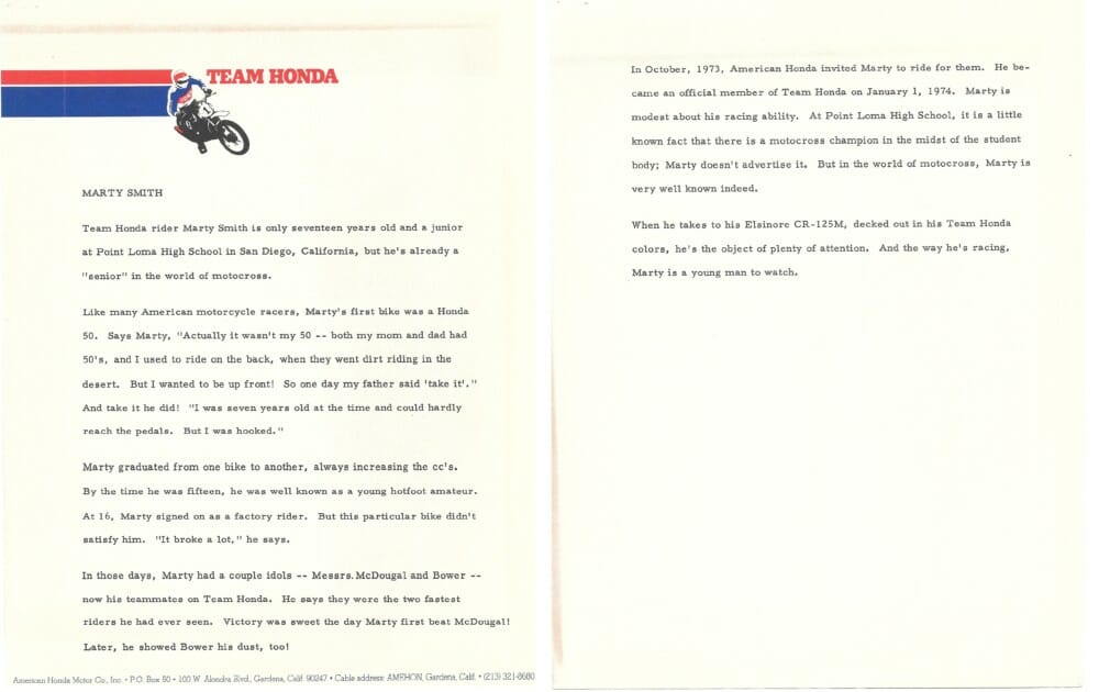 Honda distributed this press release following Marty Smith’s signing.