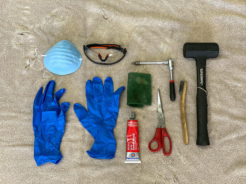 Muffler Repacking Necessary Tools: Rebuilding a stock or aftermarket muffler is not that difficult. These are the necessary tools you will need for most systems. The gloves, eye protection and mask are strongly recommended as fiberglass is very irritating to your skin, eyes and lungs.