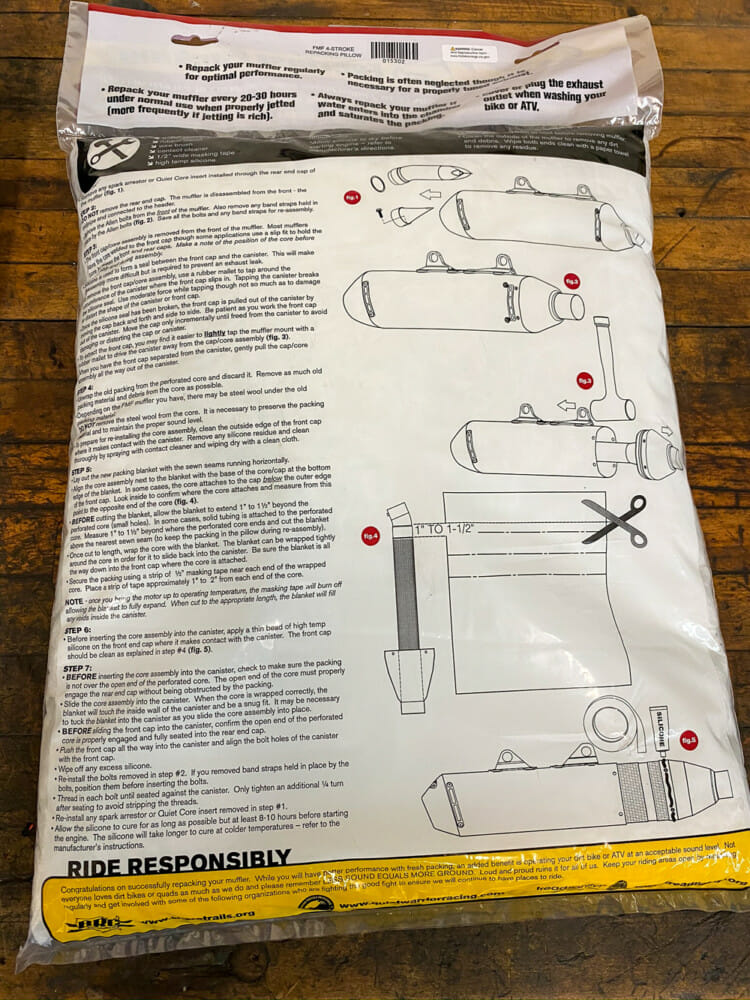 Muffler Repacking kit instructions: The FMF Everlast repacking kit includes detailed instructions on the package.