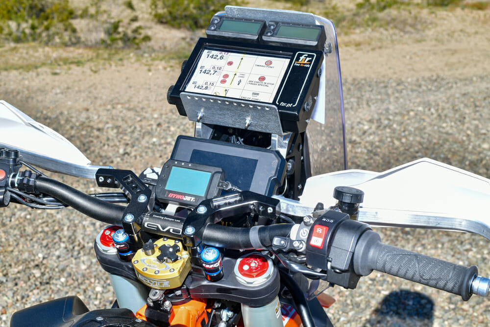 The Rebel X 790 Adventure navigation tower is flanked by Chris Parker’s own Rottweiler Performance custom road-book holder.