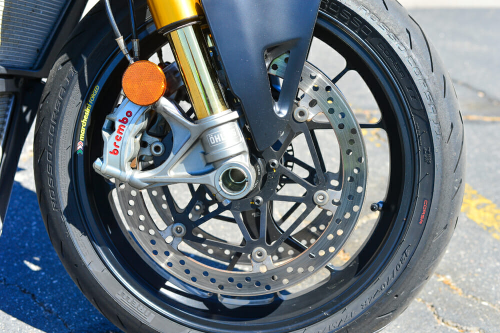 Ӧhlins Smart EC 43mm fork and Brembo Stylema caliper on the 2020 Ducati Streetfighter V4 S