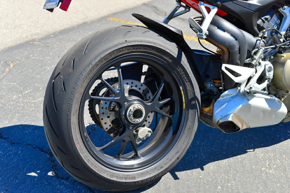 The rear wheel of the 2020 Ducati Streetfighter V4 S