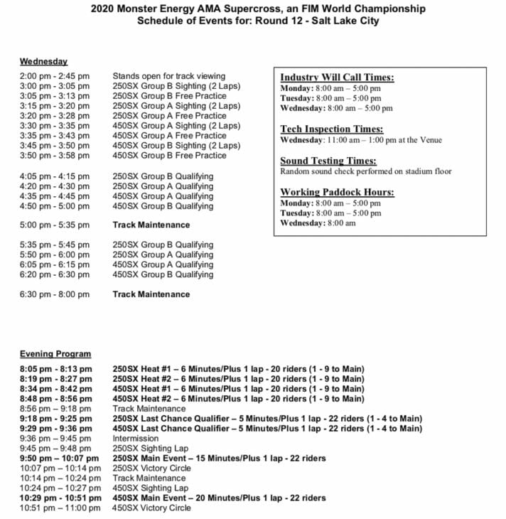 2020 Salt Lake City Supercross Rnd 12 Race Schedule