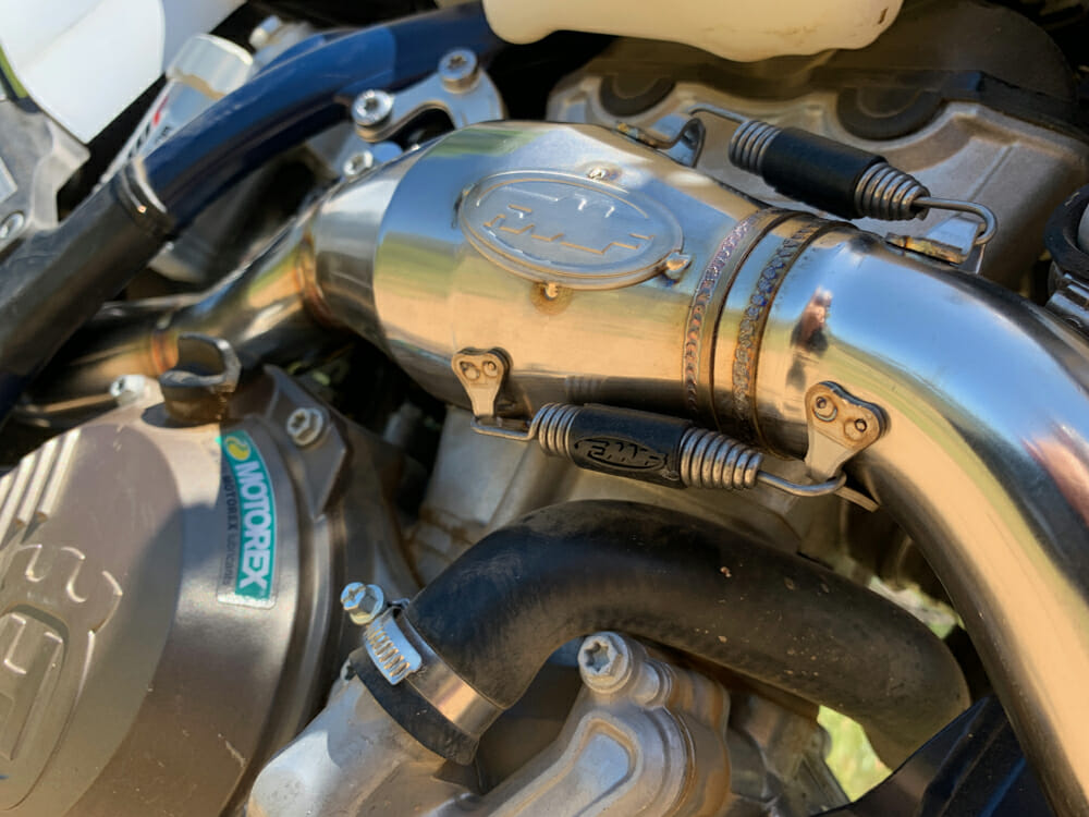 Husqvarna FMF Q4 Muffler and Megabomb Header Close up