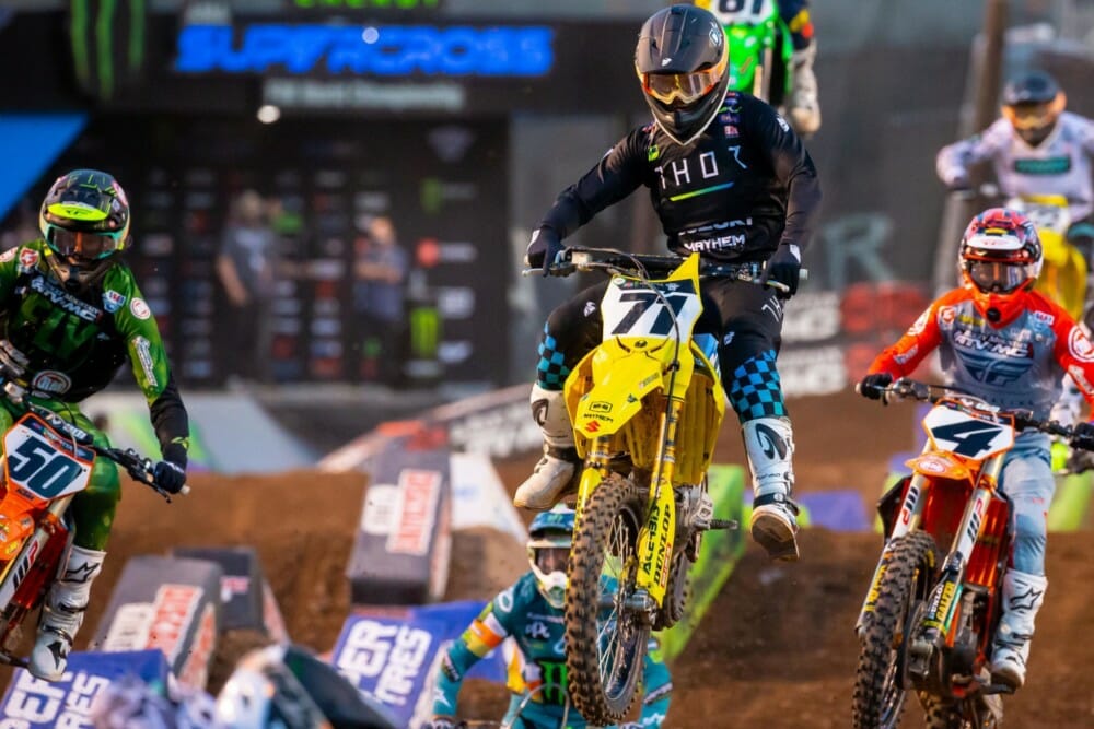 Ryan Breece (#71) leads the pack during the LCQ on his Suzuki RM-Z450.