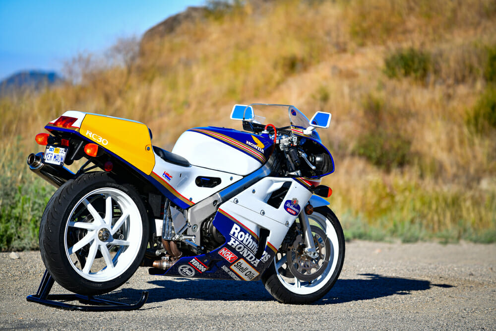 A restored 1990 Honda RC30 in Joey Dunlop color scheme