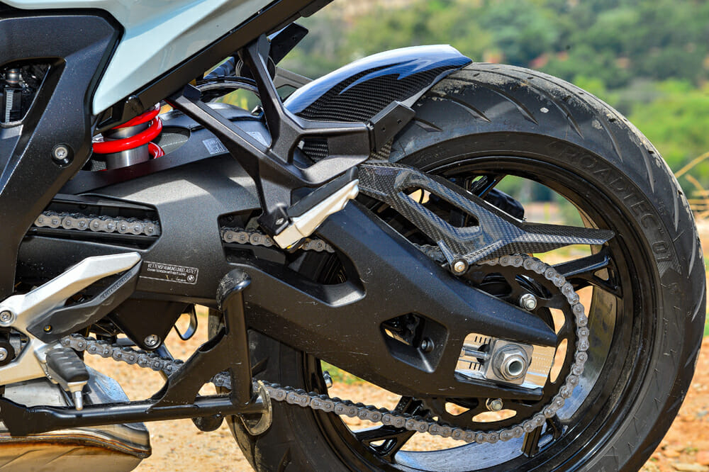 The 2020 BMW S 1000 XR's swingarm.