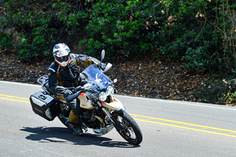 The 2020 Moto Guzzi V85 TT Travel on pavement.