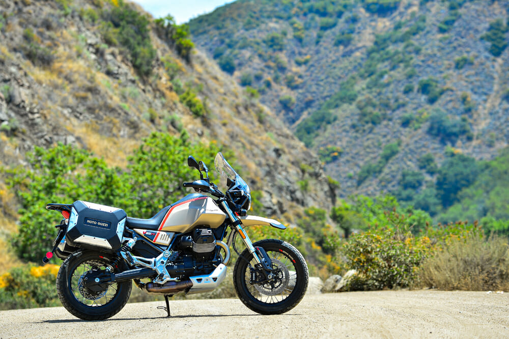 The 2020 Moto Guzzi V85 TT Travel in Sabbia Namib sand color scheme.