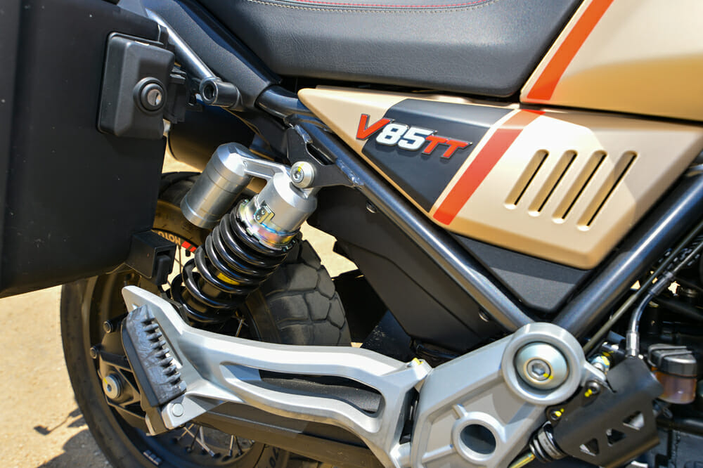 The 2020 Moto Guzzi V85 TT Travel's shock is adjustable for rebound and preload.