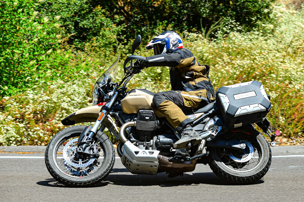 The 2020 Moto Guzzi V85 TT Travel streetbike weighs 554 pounds with fuel.