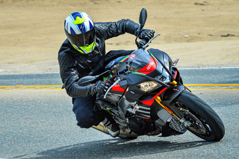 Front view of the 2020 Aprilia Tuono 1100 Factory motorcycle.