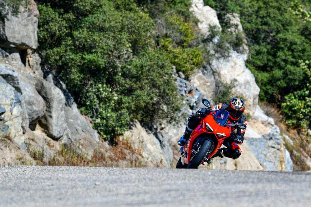 2020 Ducati Panigale V2 sportbike in California Mountains.