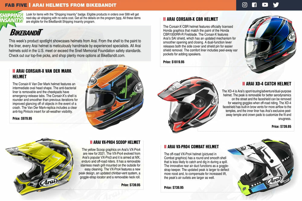 Five Arai Helmets From BikeBandit Cycle News