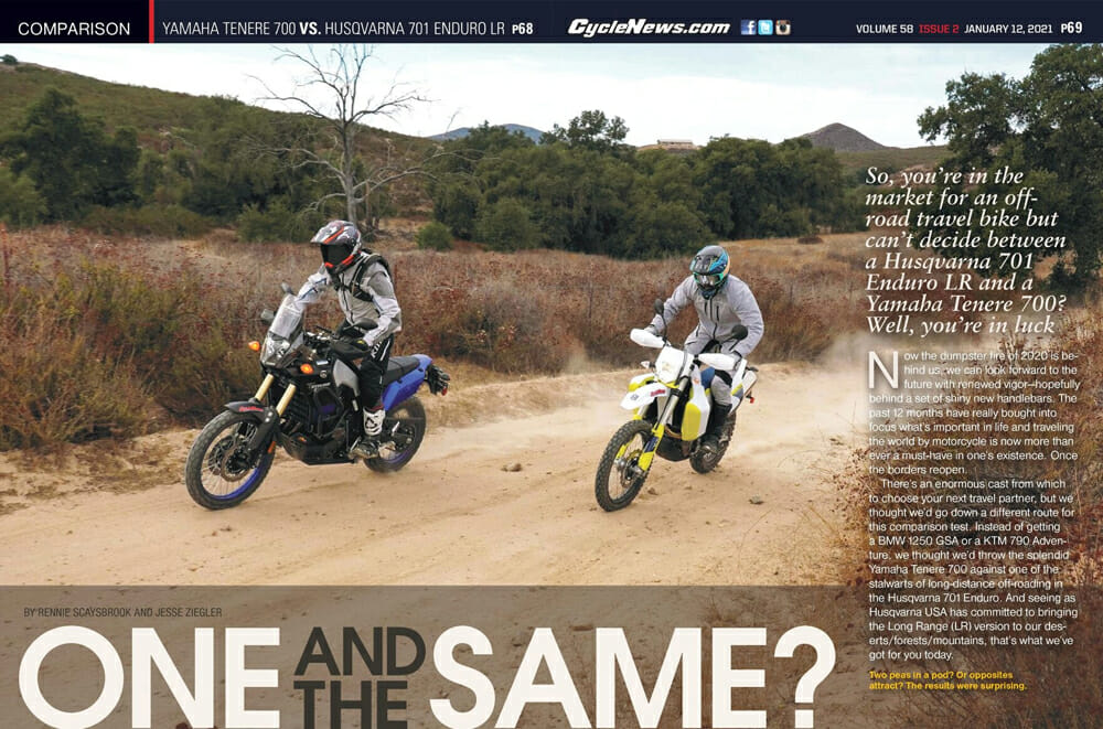 Cycle News Yamaha Tenere 700 vs. Husqvarna 701 Enduro LR comparison test