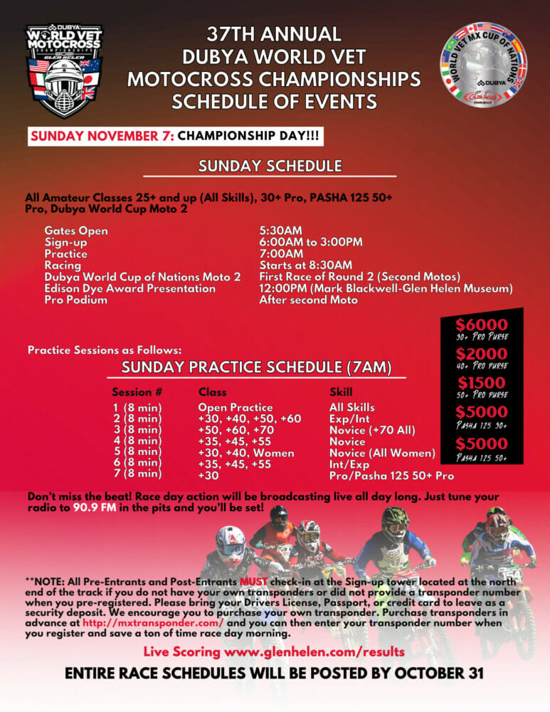 37th Annual Dubya World Vet MX Championships Schedule of Events