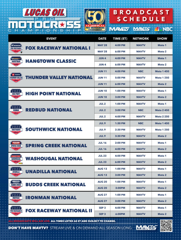 Live Broadcast Schedule 2022 Pro Motocross Championship