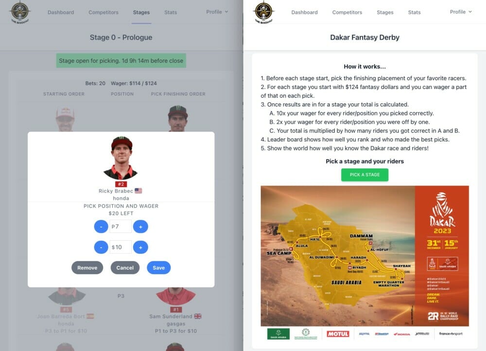 Dakar Fantasy Derby Screenshot shows the interactive screens for the Dakar Rally fantasy online game.