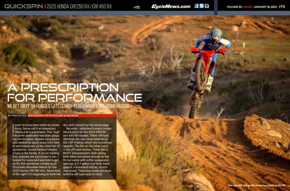 Cycle News Magazine 2023 Honda CRF250RX / CRF450RX Review