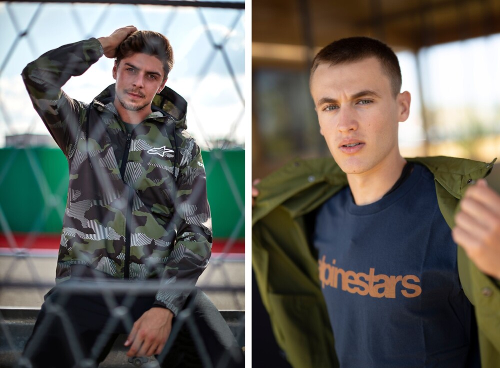Fabio Di Giannantonio (left) wearing the Treq windbreaker. Jaume Masia wearing the Garage Coach jacket over the Heritage Logo tee.