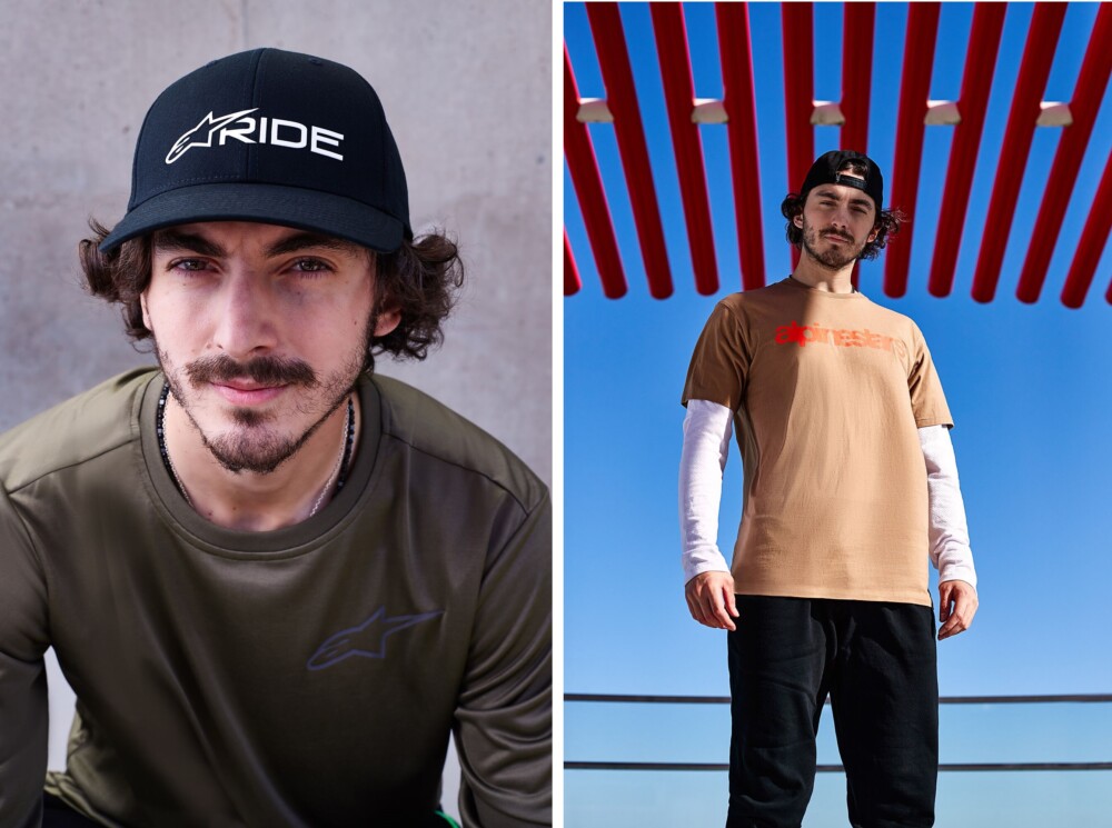 Pecco Bagnaia wearing the 2023 Alpinestars Pursue Performance Tee and the Ride 3.0 cap.