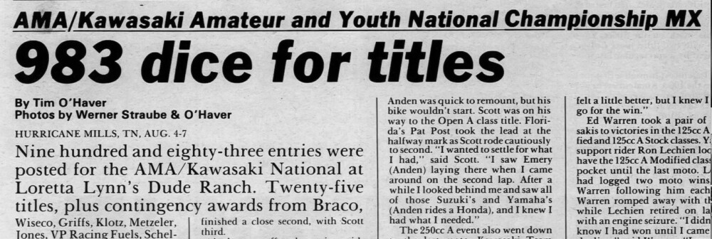 Cycle News Magazine article clipping about  Loretta Lynn’s Amateur Nationals in 1982