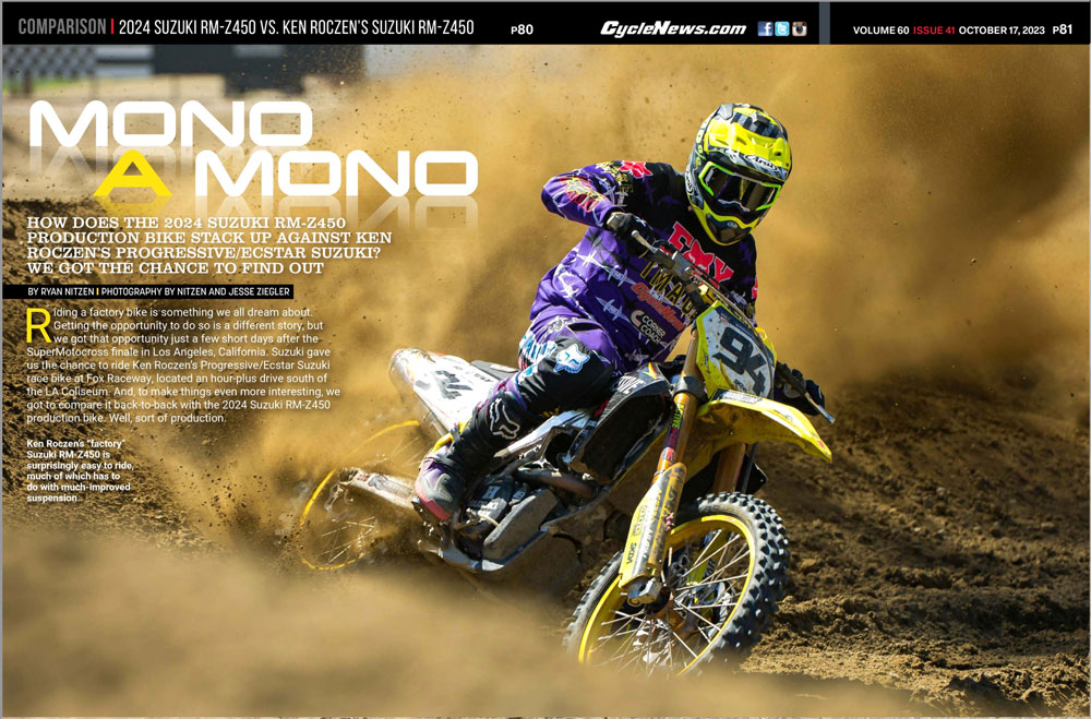 Cycle News Magazine 2024 Suzuki RM-Z450 Vs. Ken Roczen’s Suzuki RM-Z450 Cycle News Magazine 2024 Suzuki RM-Z450 Vs. Ken Roczen’s Suzuki RM-Z450
