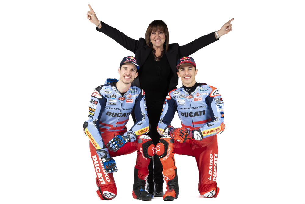 Gresini Racing Team Owner Nadia Padovani with riders Alex Marquez and Marc Marquez