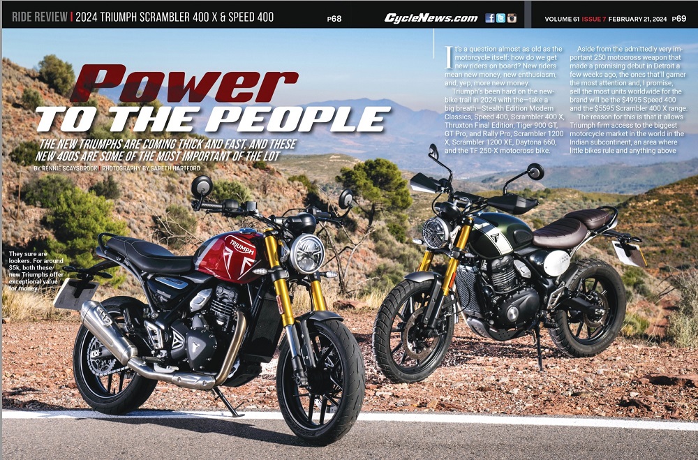 Cycle News 2024 Triumph Scrambler 400 X & Speed 400 Review