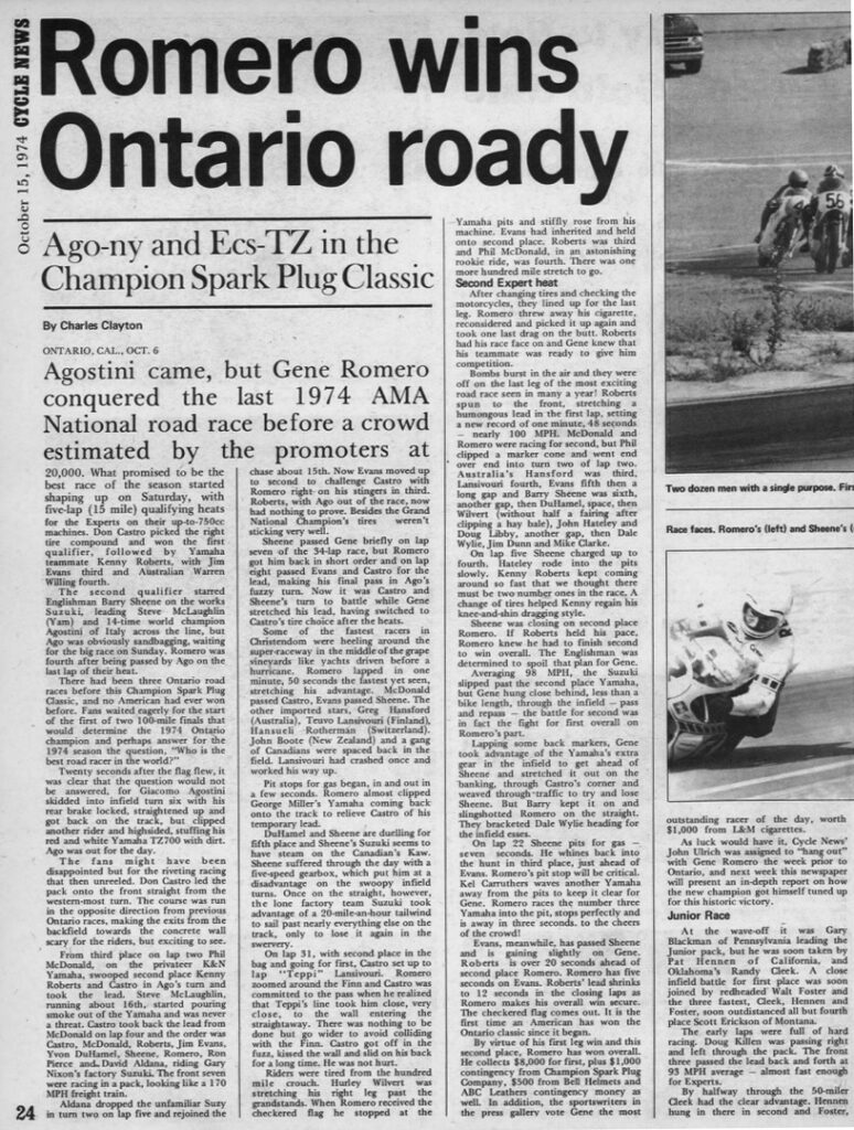 Gene Romero wins 1974 Champion Spark Plug Classic Archives Column | Gene Romero