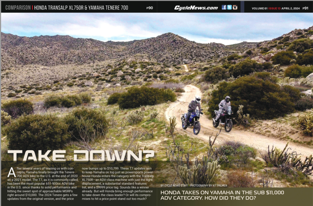 Cycle News Magazine Honda Transalp XL750R & Yamaha Tenere 700 comparison